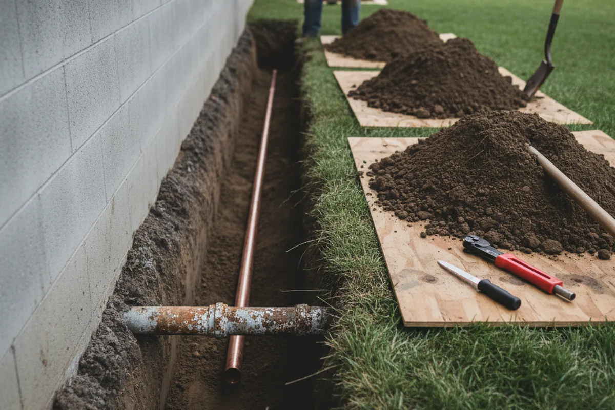 Excavated water line trench during Water Softener Installation in Torrance